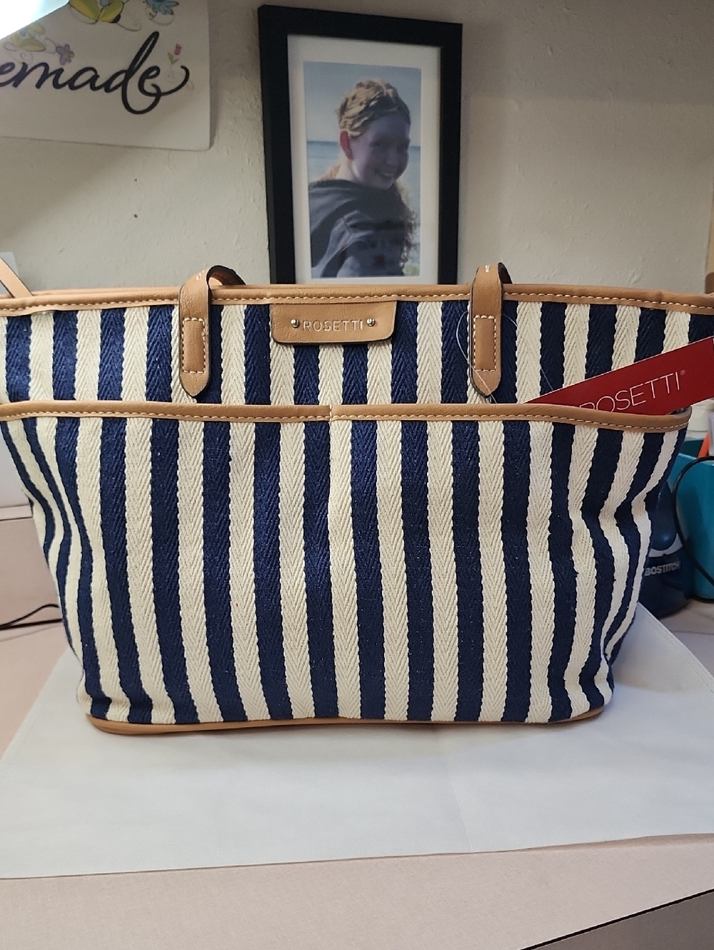 Rosetti Navy and White Striped Tote with Tan Trim